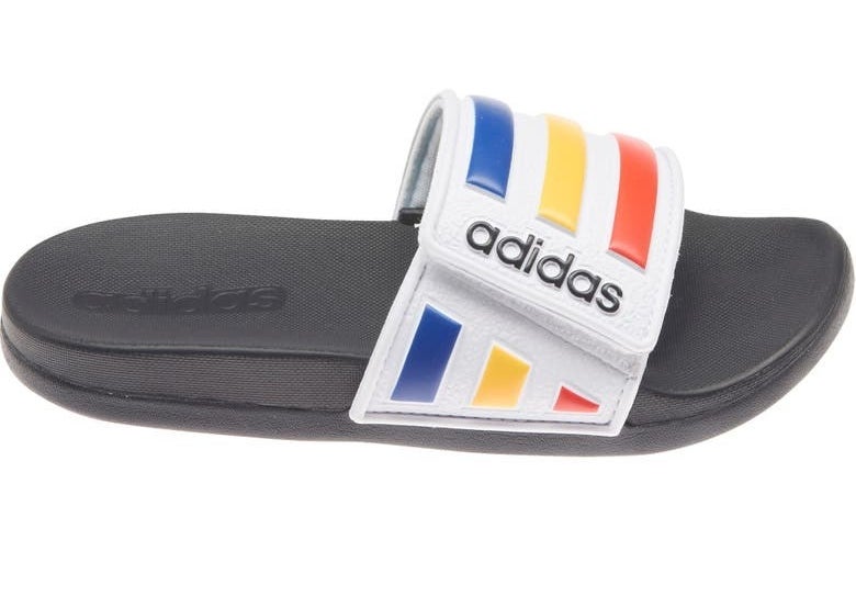 The black sandal with a white strap and orange, yellow, and blue stripes