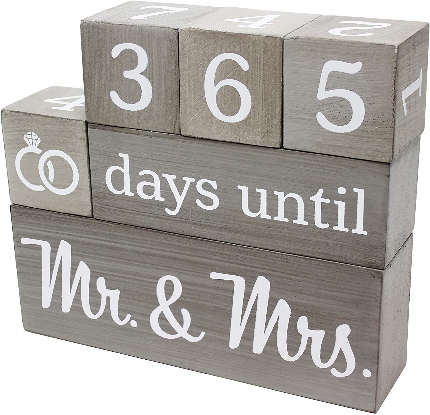 Wooden set of blocks that counts down the days that features numbers, the words &quot;days until,&quot; and &quot;mr. &amp;amp; mrs.&quot;