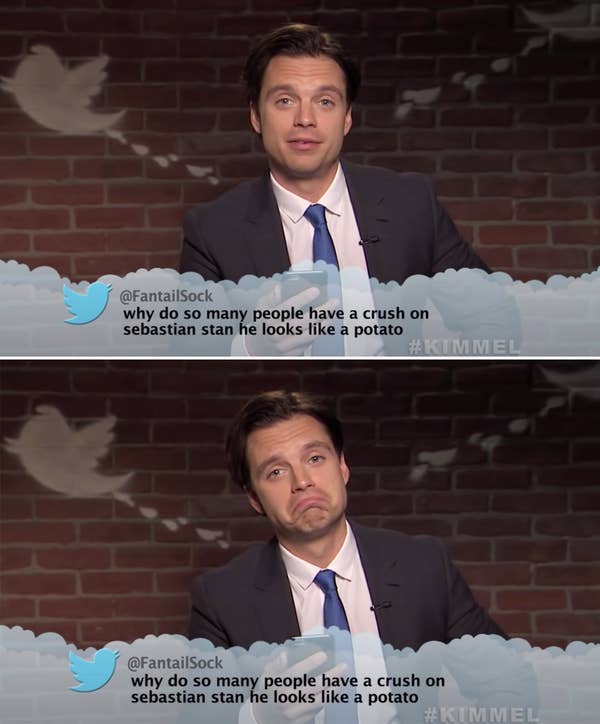 Sebastian reading a tweet that says, &quot;Why do so many people have a crush on Sebastian Stan? He looks like a potato&quot;