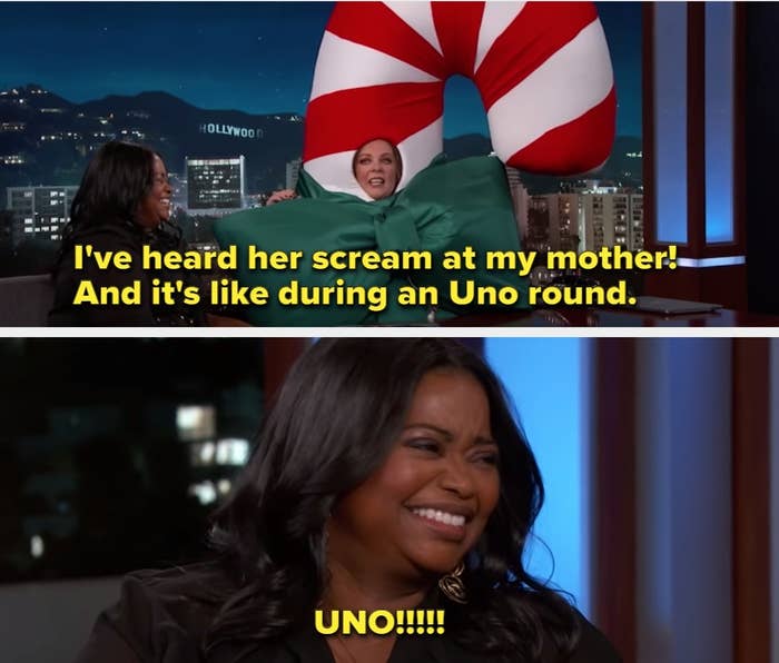 Melissa McCarthy explaining how Octavia Spencer screams at her mom during Uno and Octavia Spencer laughing