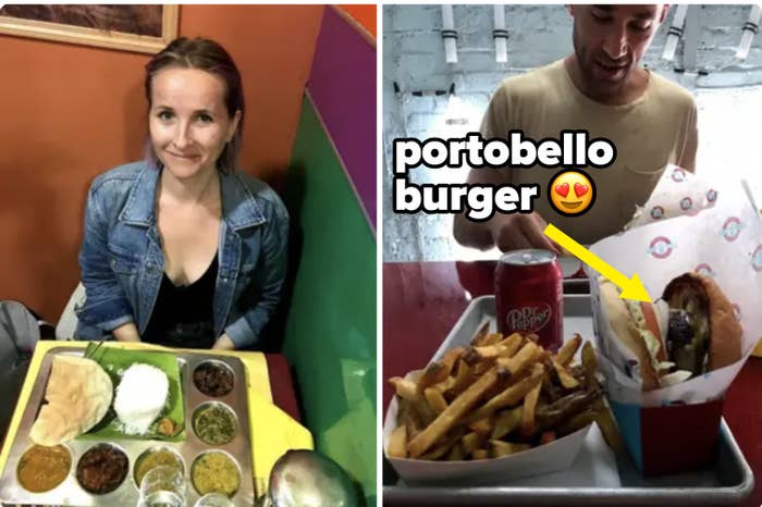 The author ordering a vegetarian-friendly meal at a restaurant