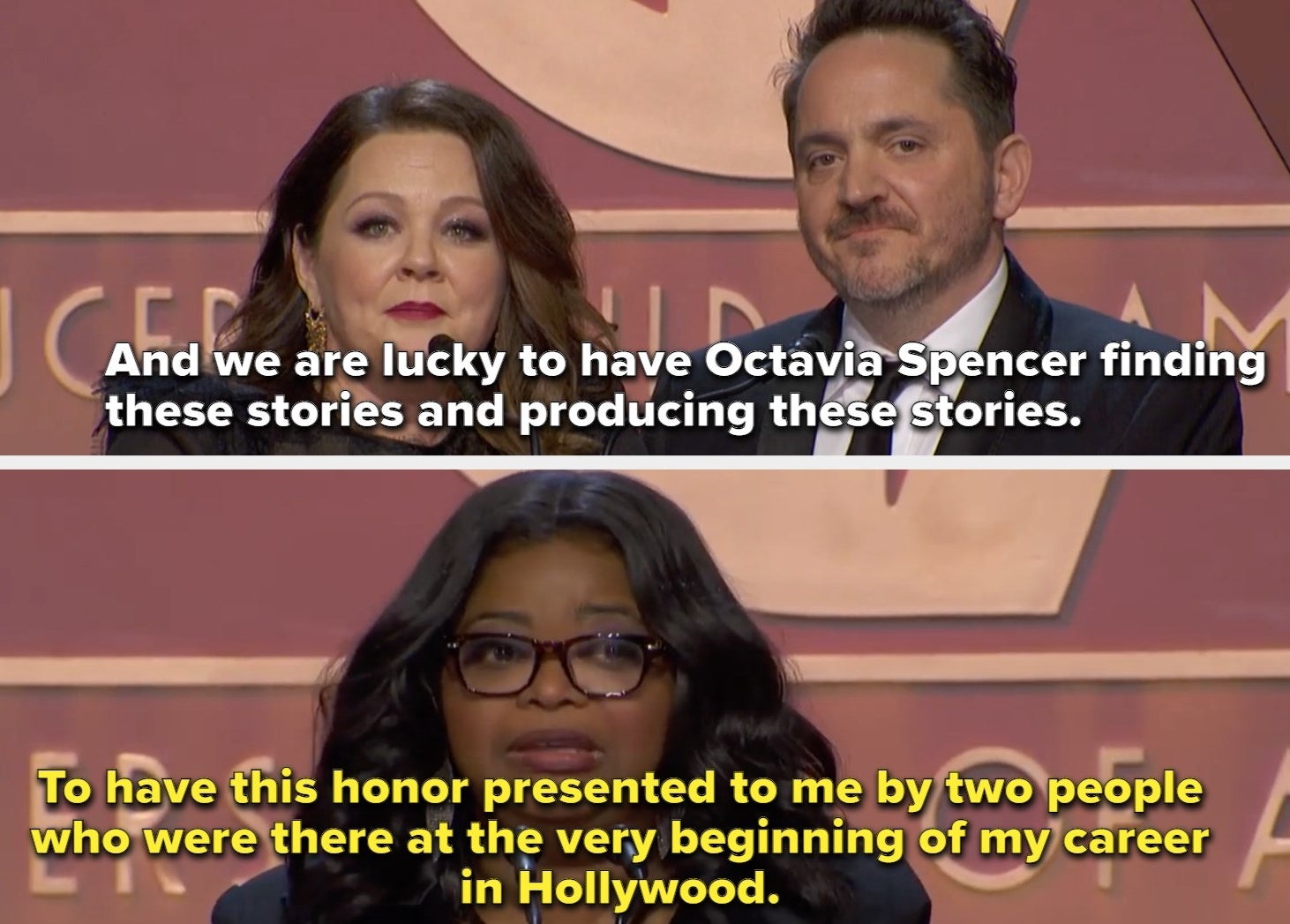 Melissa McCarthy and Ben Falcone presenting the award and Octavia Spencer talking about how long they have known each other