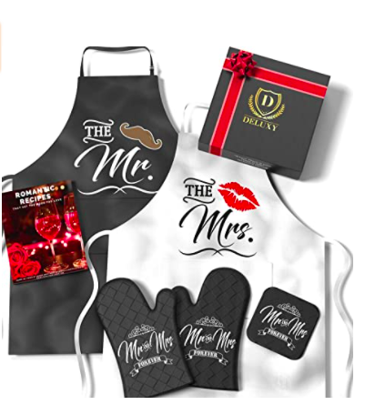 The embroidered apron set for optimal cooking romance that features the words &quot;The Mr.&quot; and &quot;The Mrs.&quot;