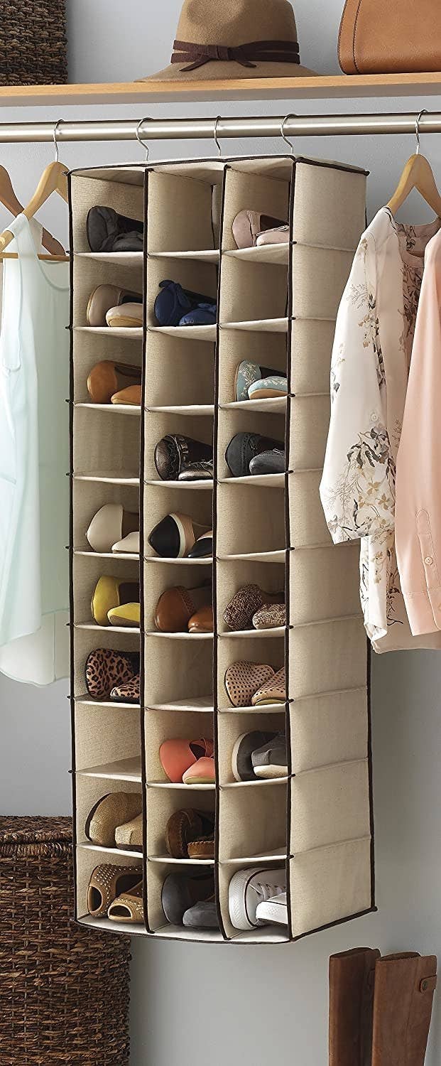 Tan hanging shoe shelf with 30 sections