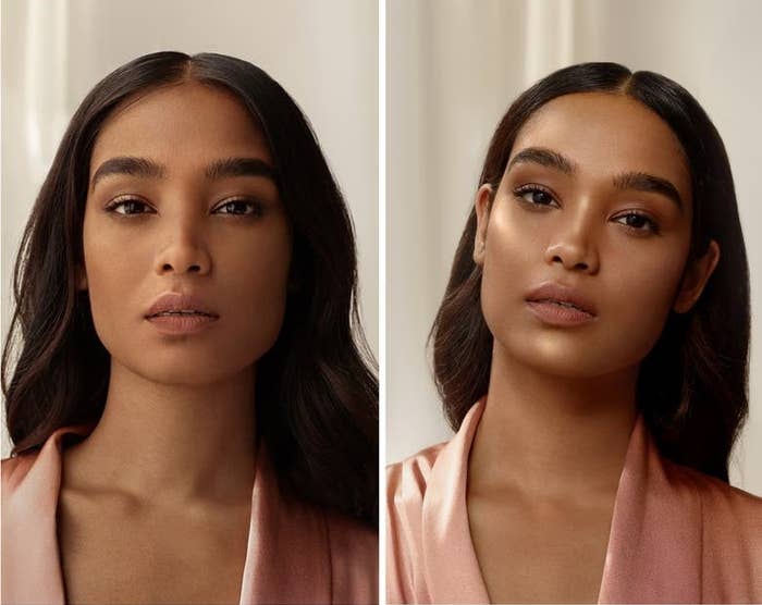 A model before and after applying the product, with their skin glowing after