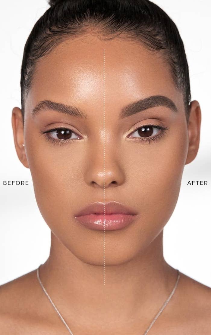 A model compares brows with and without the product in Taupe
