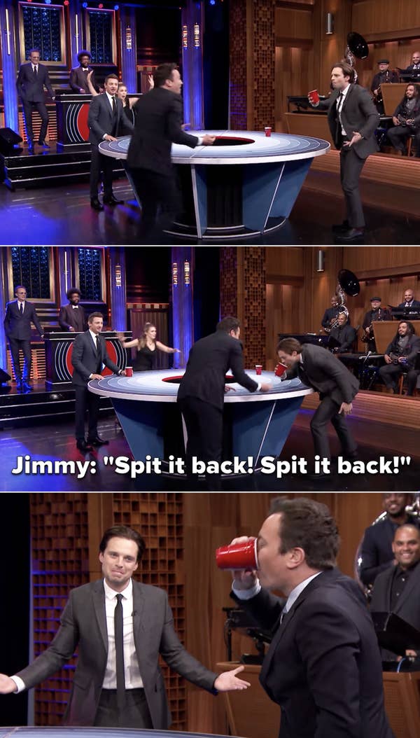 9. When Sebastian Stan was playing musical beers with the MCU cast, he accidentally spit beer back in the cup, and then Jimmy Fallon had to drink it.