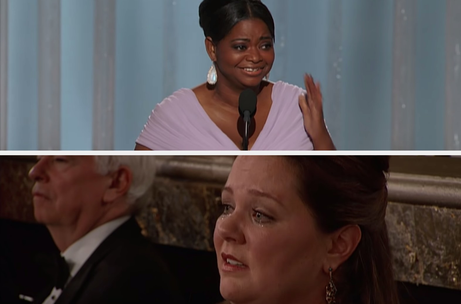 Octavia Spencer accepting the Golden Globe for Best Supporting Actress at the 2012 Golden Globes and Melissa McCarthy crying watching her