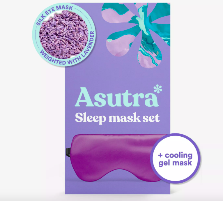 The box of the Asutra sleep mask set with a note about the additional cooling gel mask