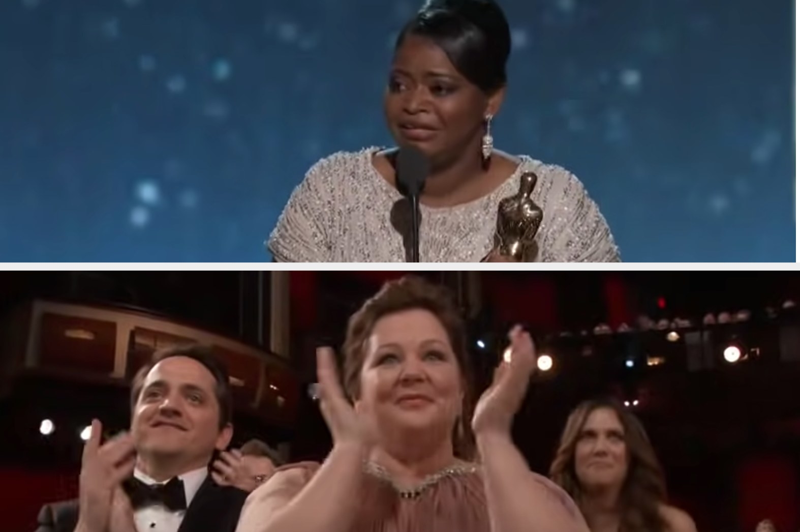 Octavia Spencer accepting the Oscar for Best Supporting Actress in 2012 and Melissa McCarthy clapping for her