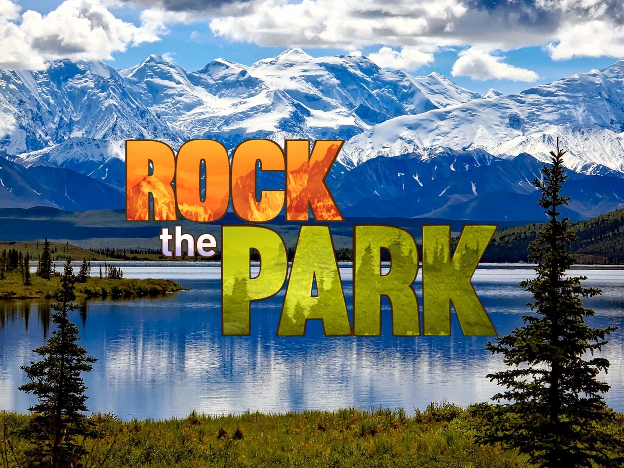 a mountain and water with logo &quot;rock the park&quot;