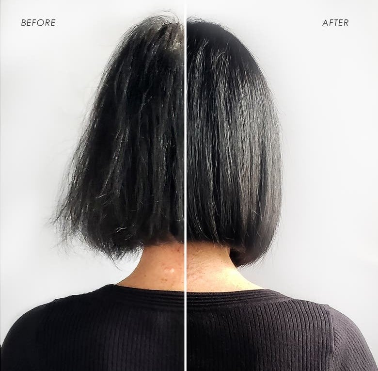 A model before and after using the product