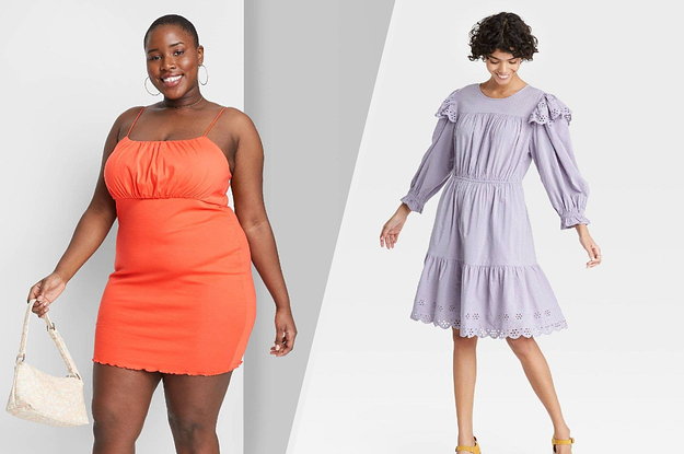 to the left: a model in an orange mini dress, to the right: a model in a lavender ruffled dress