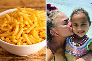 On the left, a bowl of mac 'n' cheese, and on the right, Chrissy Teigen kissing her daughter on the cheek