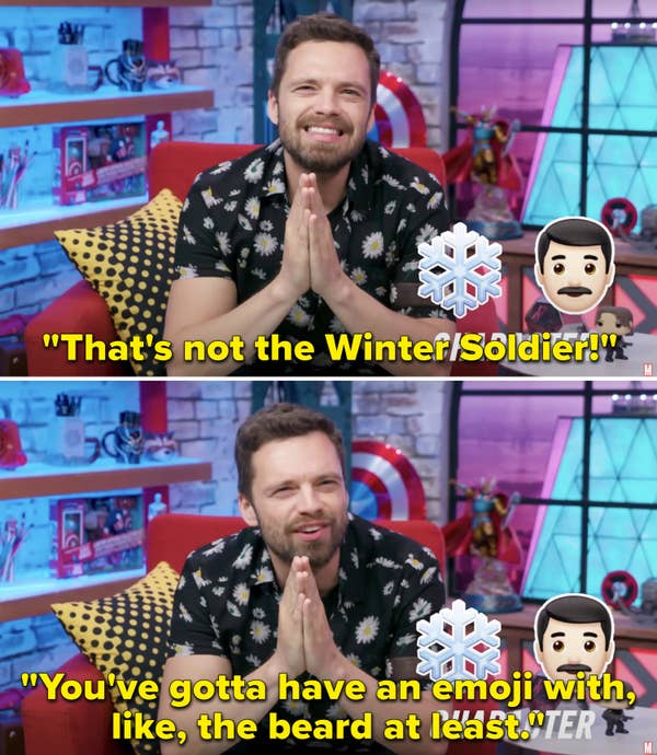 Sebastian saying, &quot;That&#x27;s not the Winter Solder! You&#x27;ve gotta have an emoji with, like, the beard at least&quot;