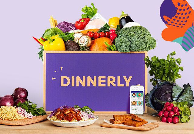 a purple dinnerly box filled with produce