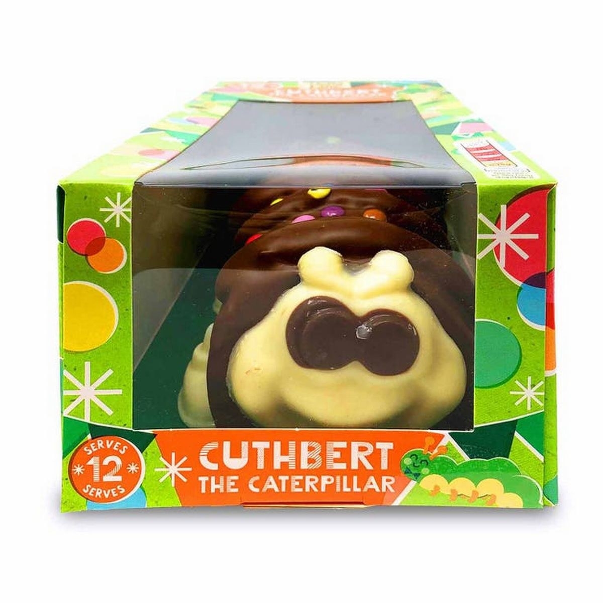 a chocolate caterpillar-shaped cake in a box