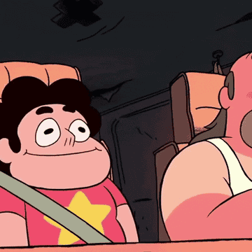 a gif from &quot;Steven Universe&quot; of a cartoon boy sitting in a car bouncing up and down   excitedly 