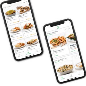 two smartphones with the home chef app pulled up showing weekly menus