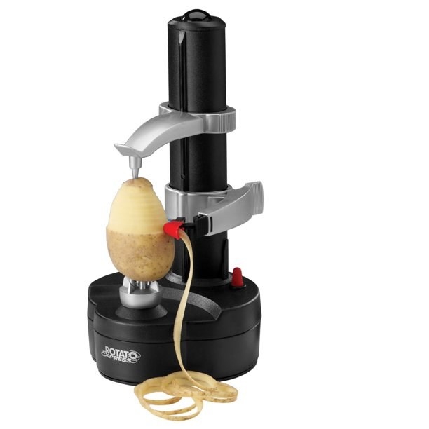 The peeler, which holds the potato in place using pressure from the top and bottom, and uses a peeler arm to peel the potato as it spins