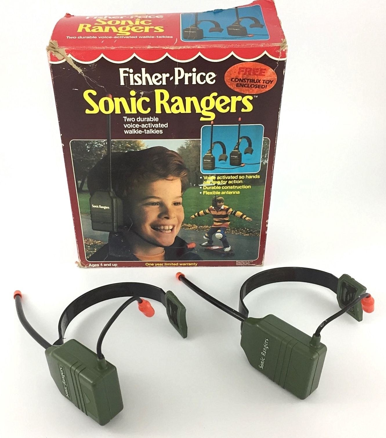 The original Fisher-Price Sonic Rangers box with the two headsets displayed in front of it
