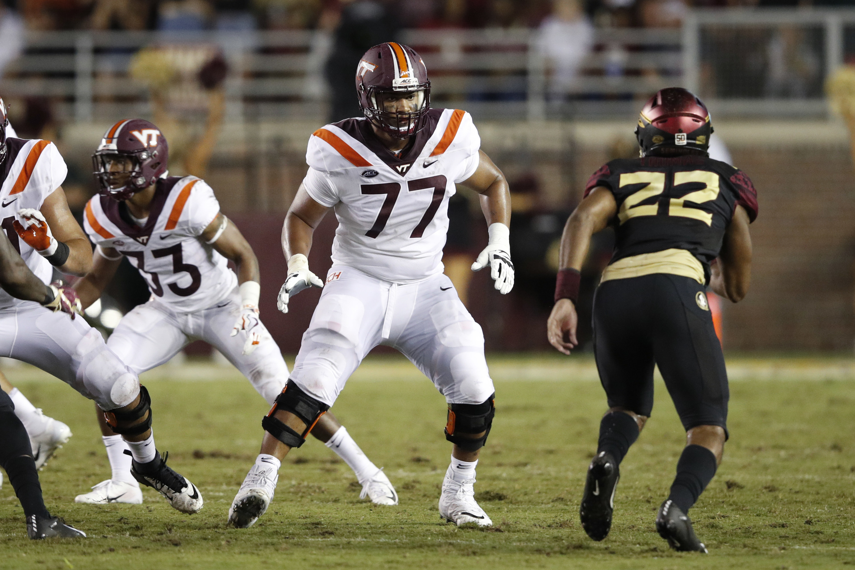 Virginia Tech&#x27;s Christian Darrisaw blocking on offensive line