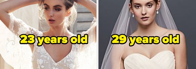 Two women wearing wedding dresses and the words 