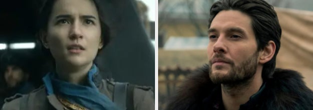 Side by side stills of Alina and the Darkling in Shadow and Bone