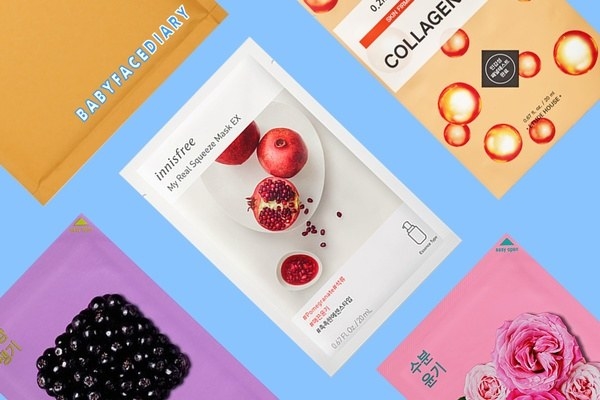 a collagen sheet mask, a blackberry sheet mask, and two other sheet masks
