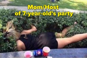 A drunk mom falls into the bushes at a kid's party
