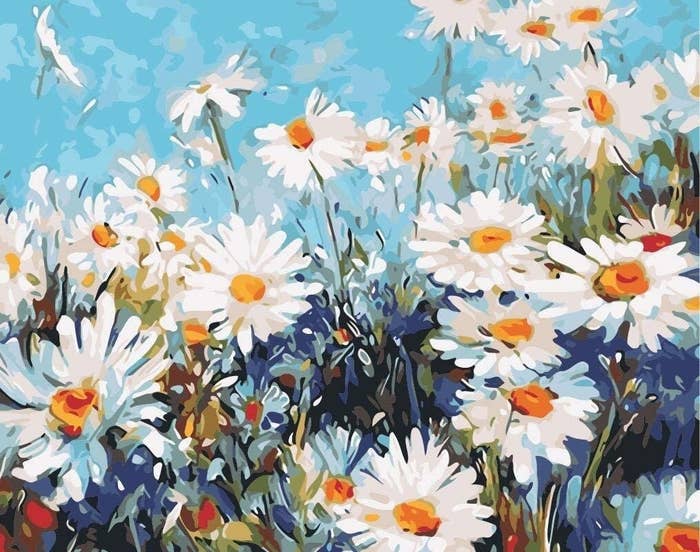 A finished image of the paint by numbers image of daisies 