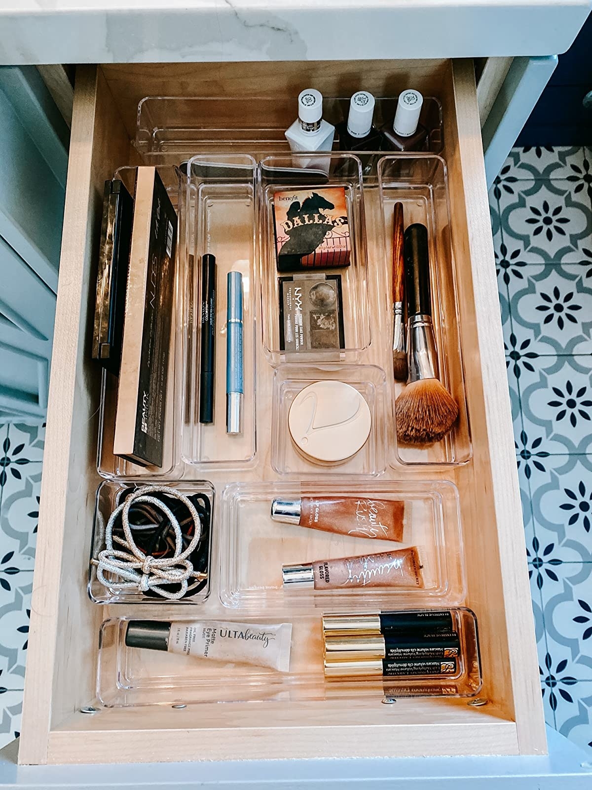 Reviewer photo showing the drawer organizers being used for makeup products