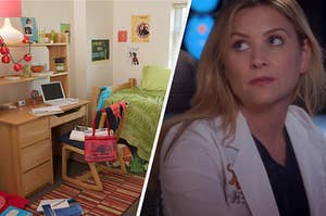 A dorm bed sits next to a dorm desk and a rocking desk chair and Jessica Capshaw as Arizona Robbins in the show "Grey's Anatomy."