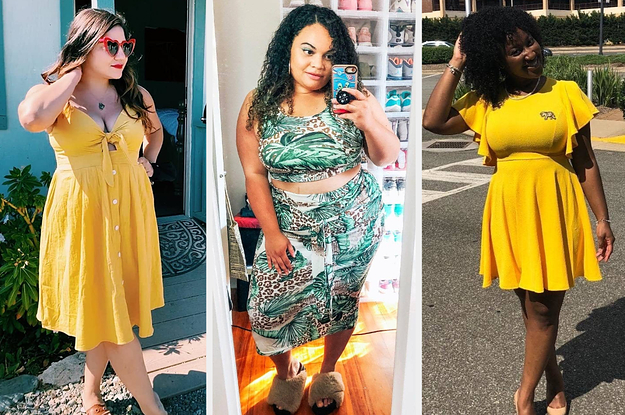 A model wearing a yellow dress / A reviewer in a two piece set / A reviewer in a yellow dress