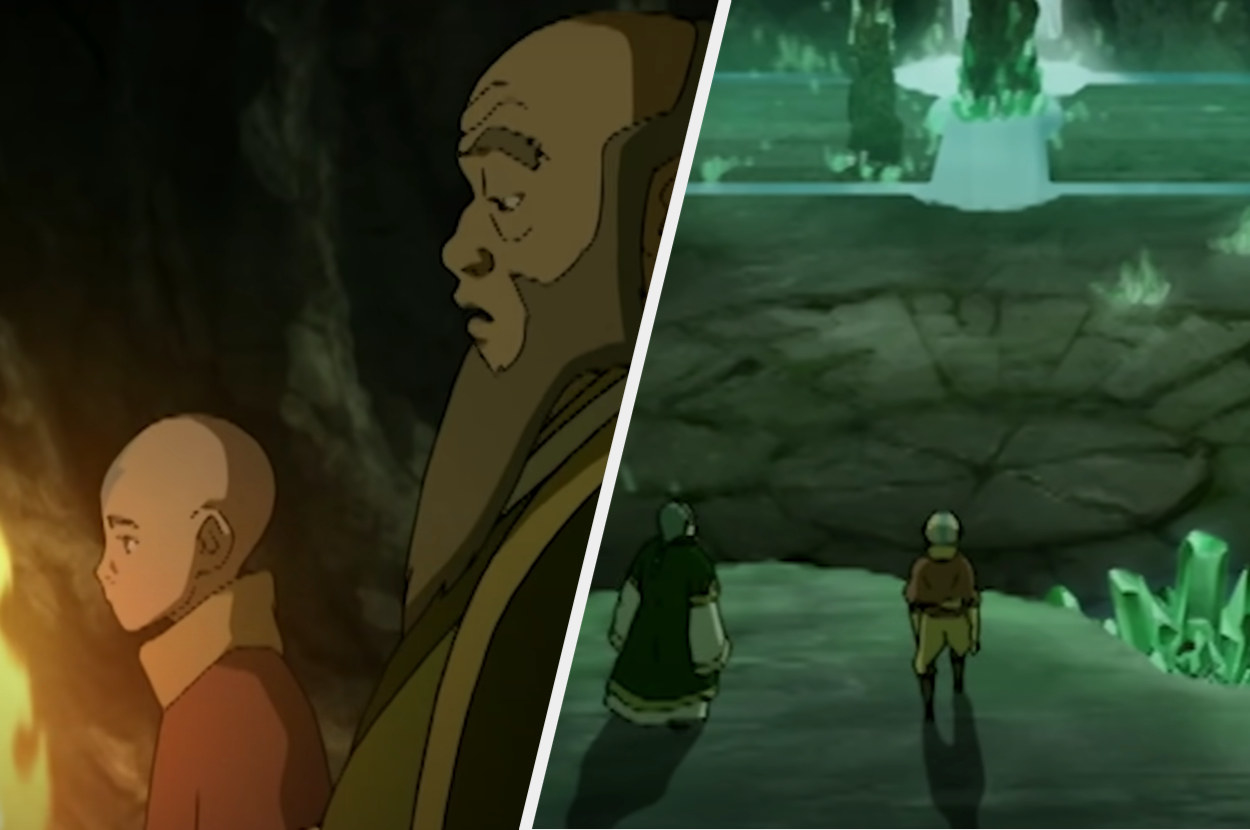 Aang and Iroh walking through a dark tunnel and then arriving in a beautiful cave full of glowing emeralds 