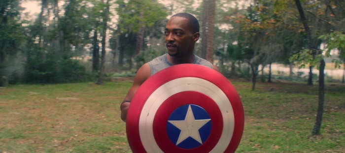 Sam Wilson holding the shield in "The Falcon and The Winter Soldier"