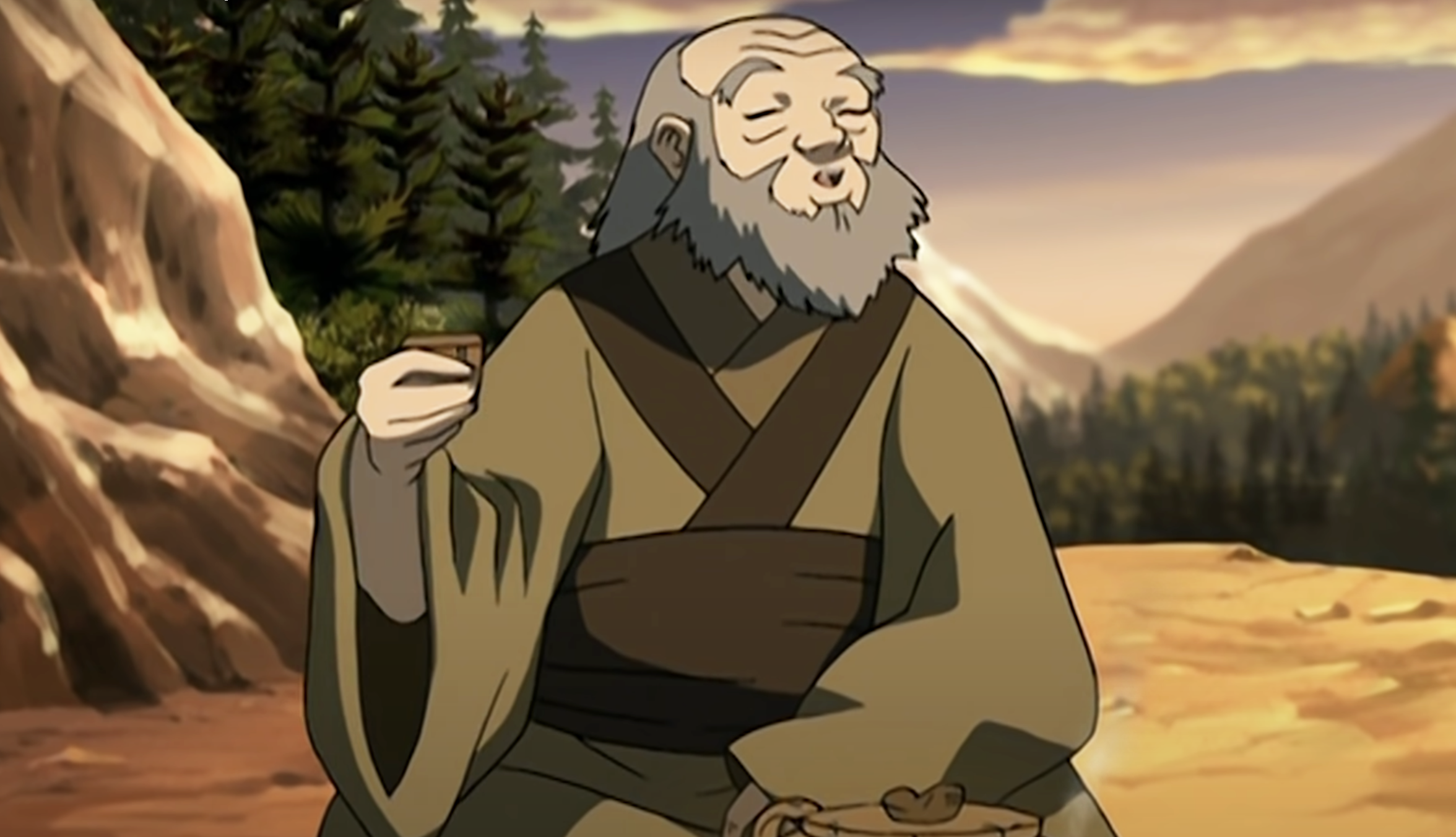 Uncle Iroh enjoying a cup of tea with Toph a mountainside. 