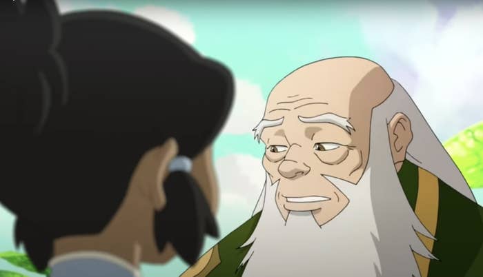 The spirit of iroh speaking to a young korra in the spirit realm