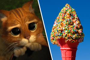 Puss in Boots looking at a sprinkle covered ice cream cone