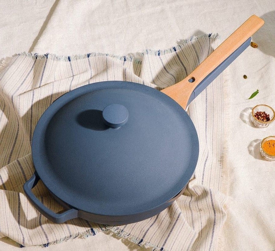 blue pan with beechwood spatula