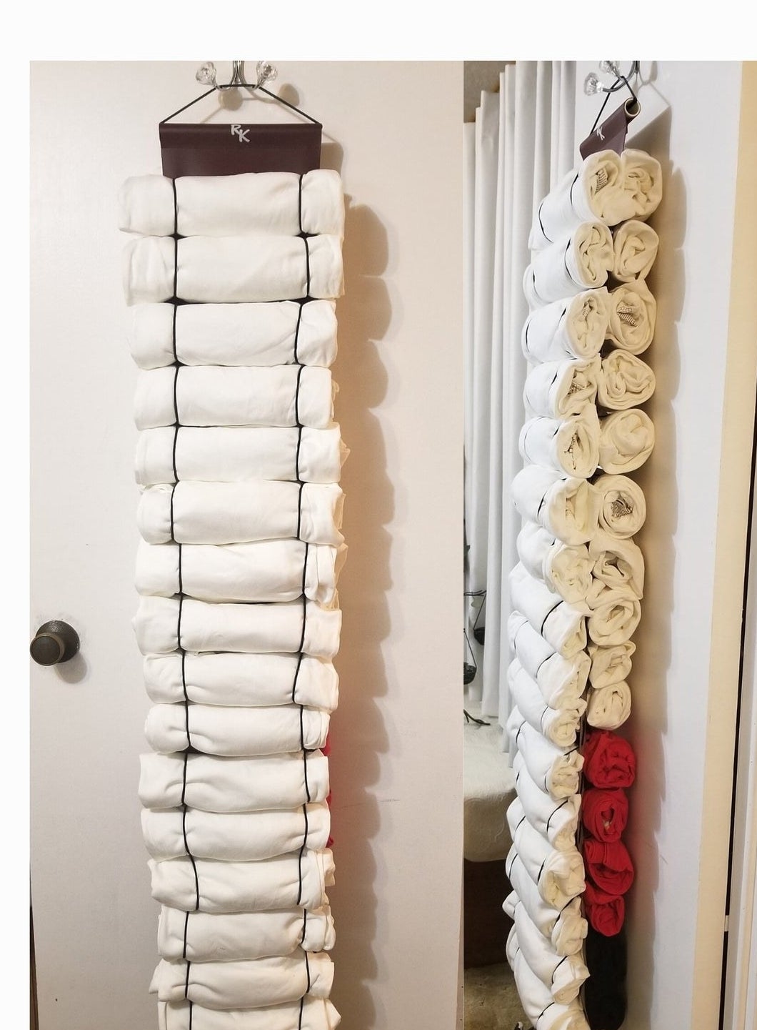 A hanging organizer with two rows of rolled up t-shirts bound by elastic hanging from it 