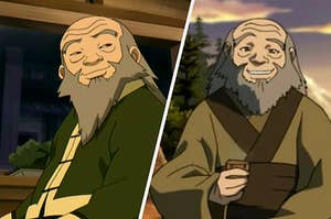 Uncle Iroh sipping tea and smiling warmly