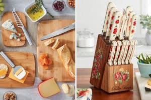 to the left: wood cutting boards, to the right: knives with floral handles
