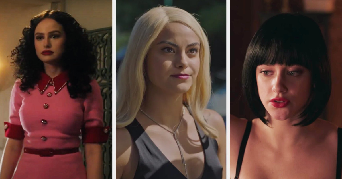 Madelaine Petsch in a black stringy wig, Camila Mendes in obvious long wig, and Lili Reinhart in a terrible black bob wig