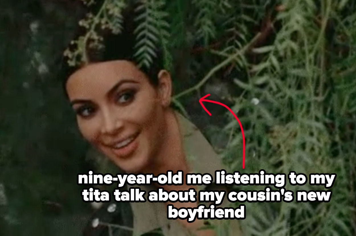 Kim Kardashian eavesdropping meme captioned &quot;nine-year-old me listening to my tita talk about my cousin&#x27;s new boyfriend&quot;