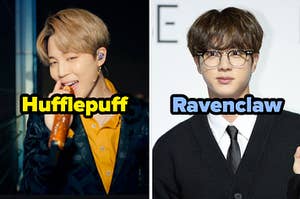 Jimin labeled "Hufflepuff" and Jin labeled "Ravenclaw"