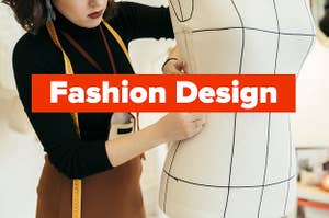 "fashion design" over a woman measuring a mannequin 