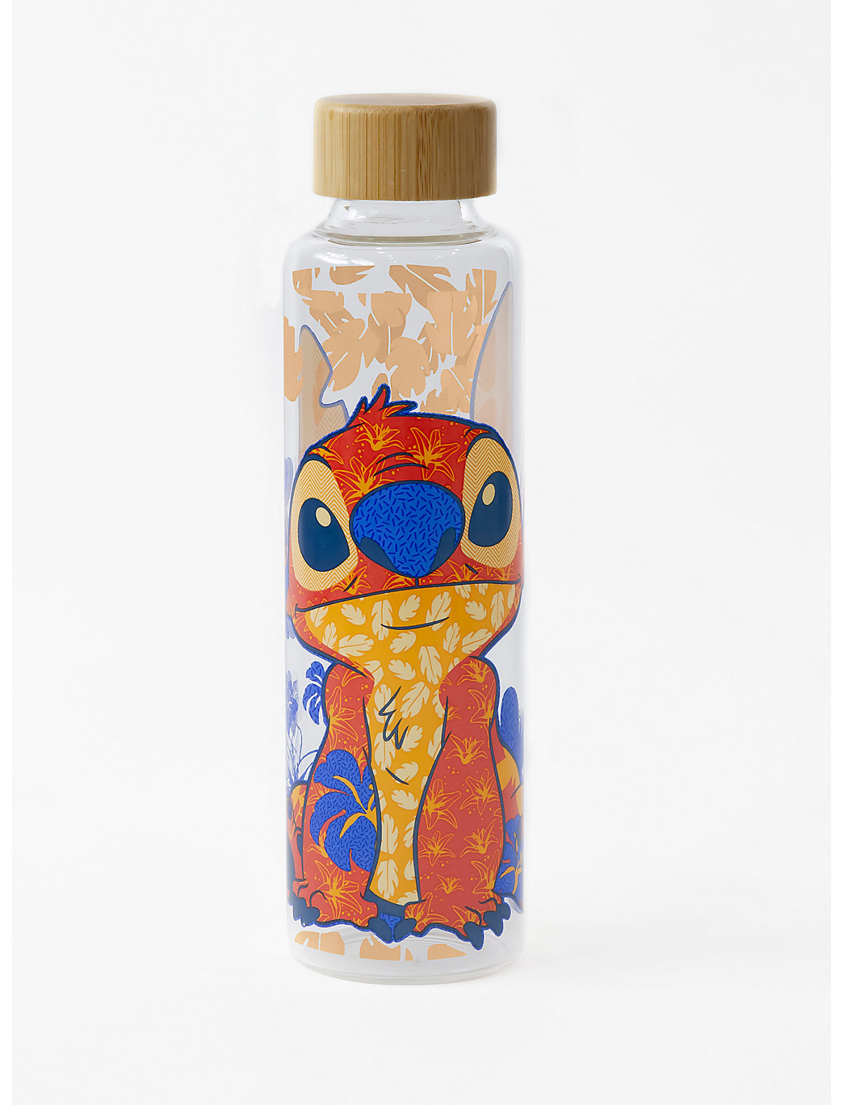 a glass water bottle with stitch on it in a hawaiian pattern