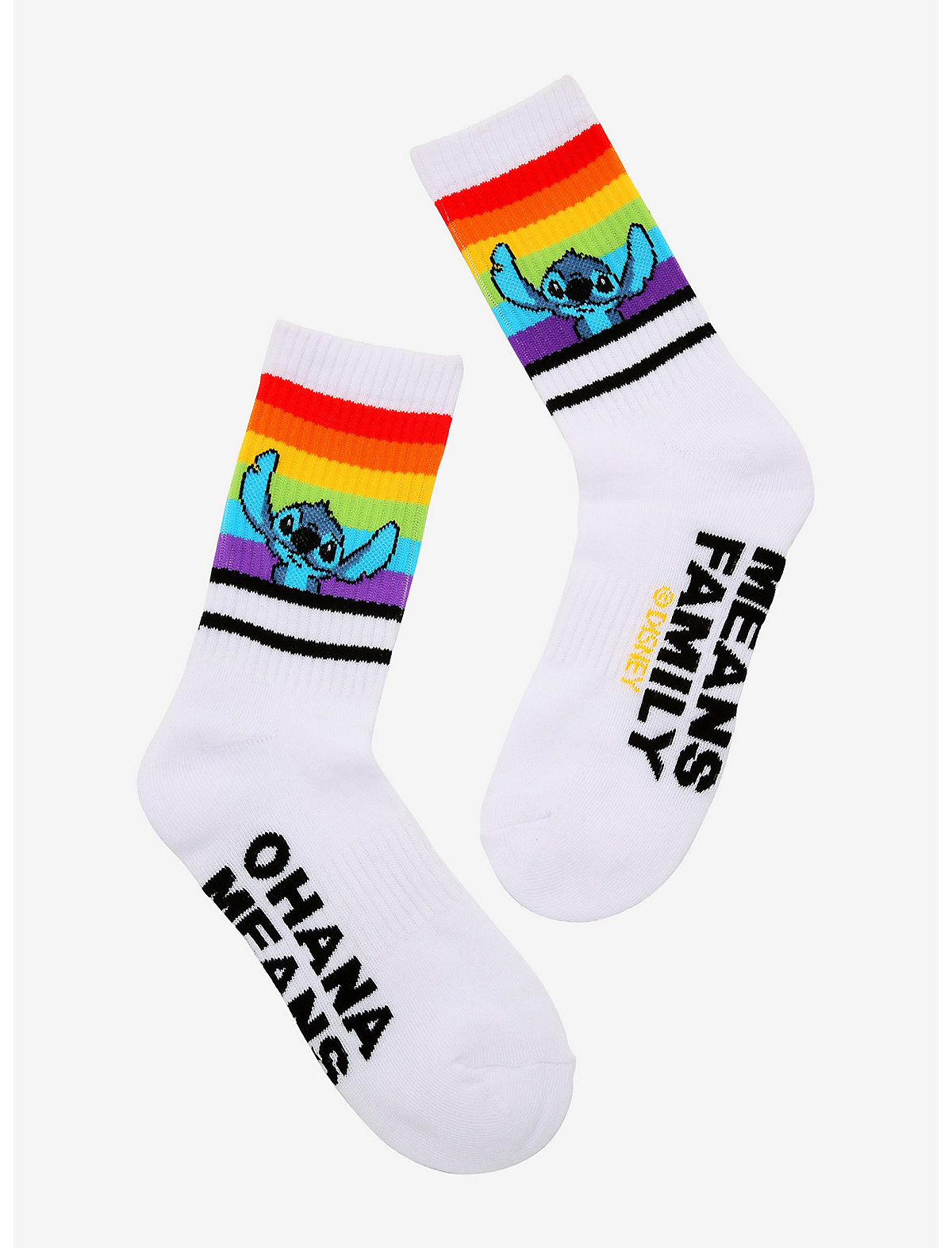 white socks with a rainbow at the top with stitch 
