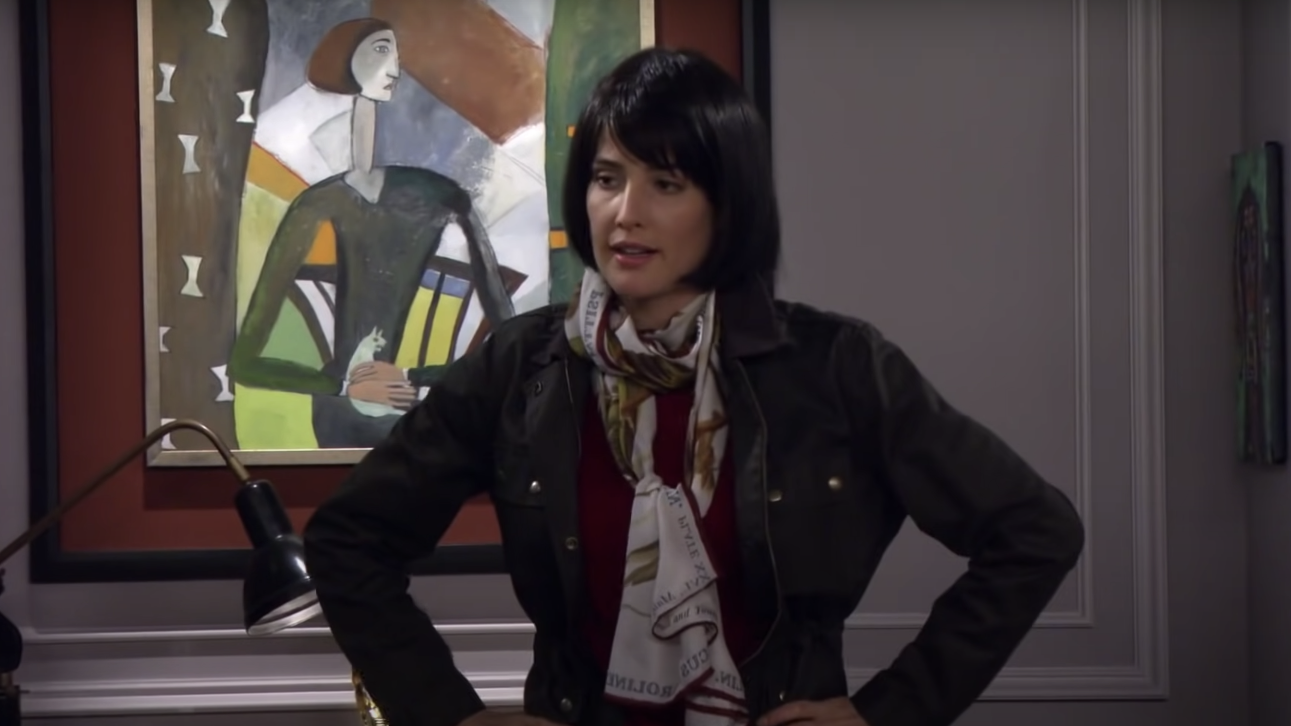 Cobbie Smulders in a short, shiny black bob wig